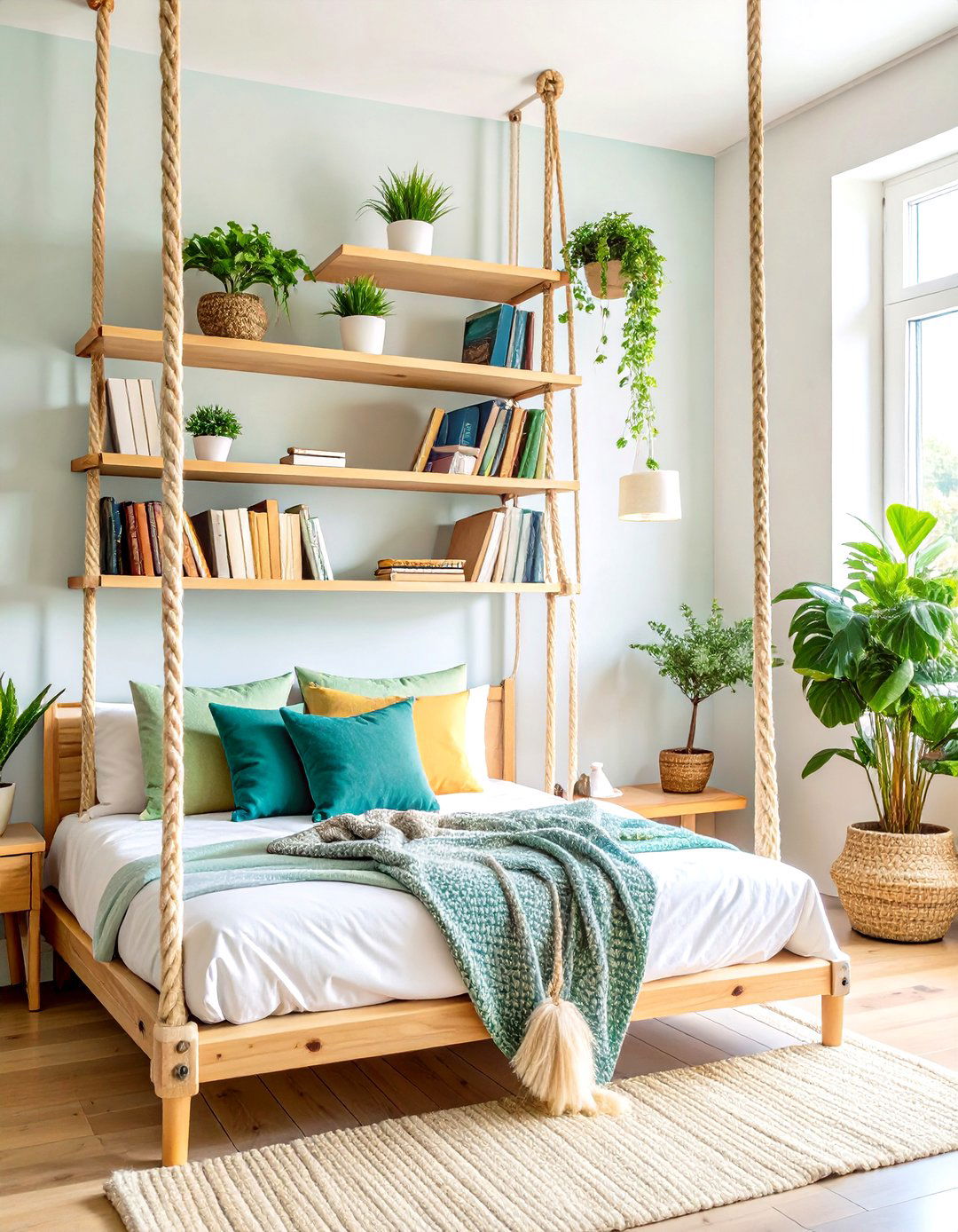 Natural Rope and Wood Shelving - 24 Boho Wall Decor Ideas