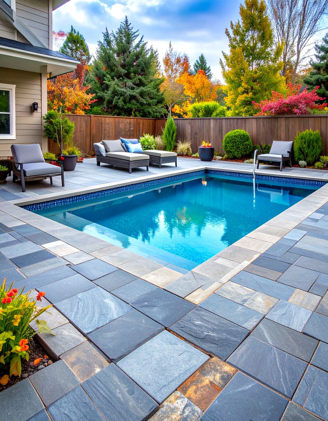 Natural Slate Pool Deck Design - 24 Pavers Around Pool Ideas