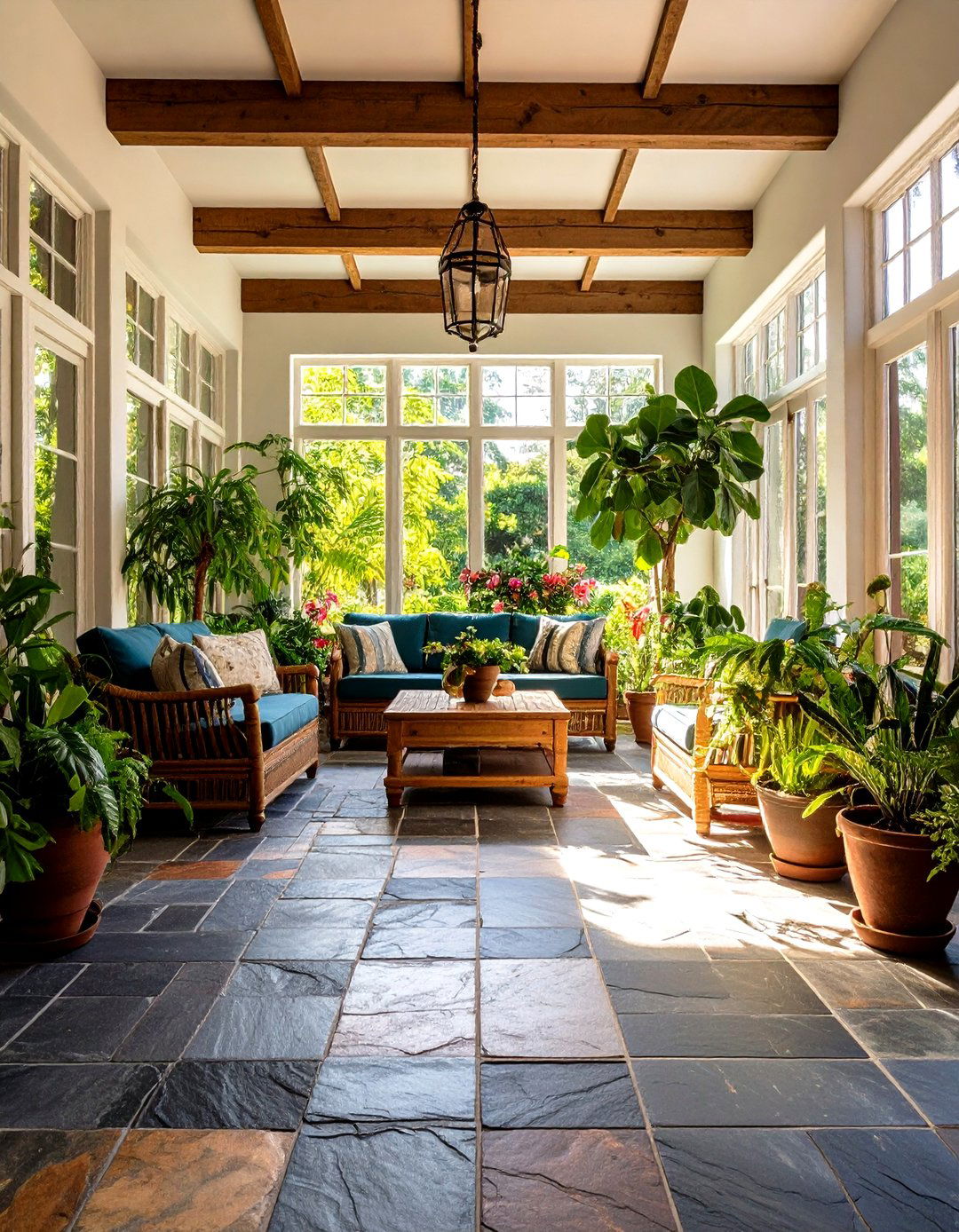 Natural Slate Textured Sunroom Tiles - 24 Sunroom Tile Floor Ideas