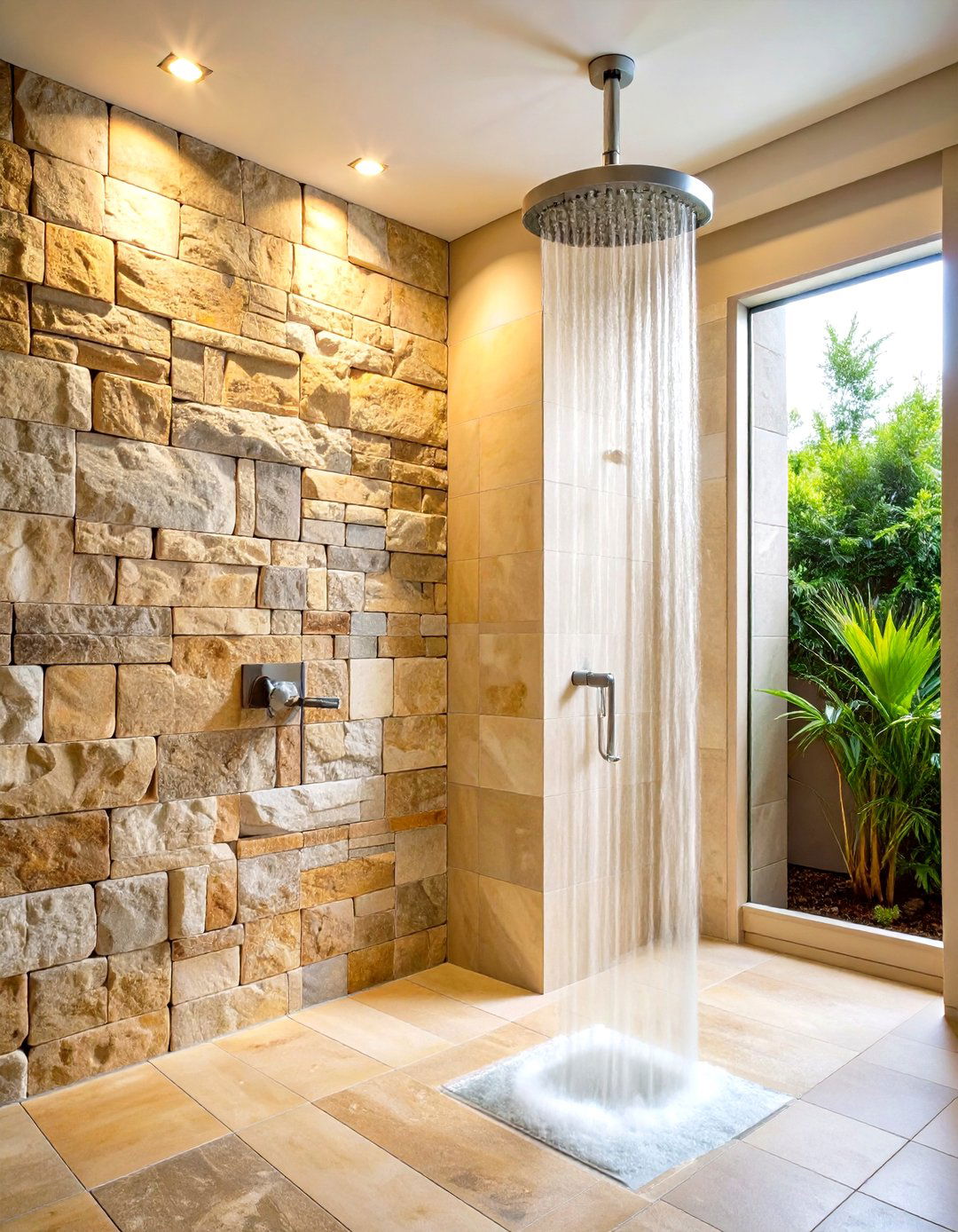 Natural Stone Accent Wall Feature - 24 Small Bathroom Walk-in Shower Ideas