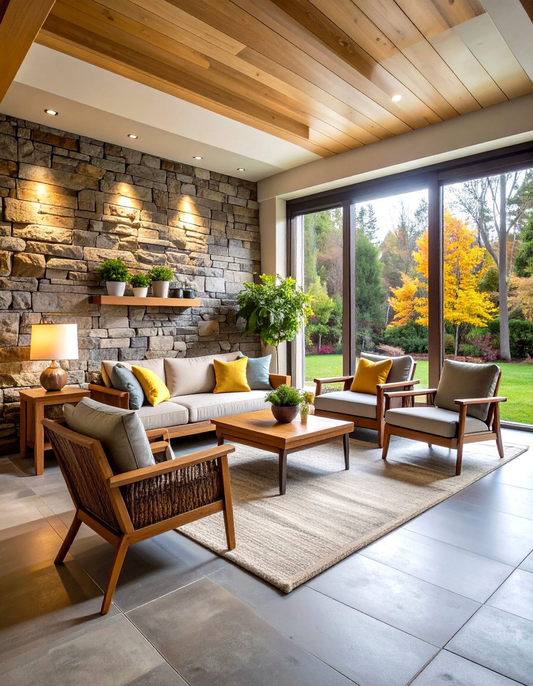 Natural Stone Accent Wall Sunroom - 24 Mid-century Modern Sunroom Ideas