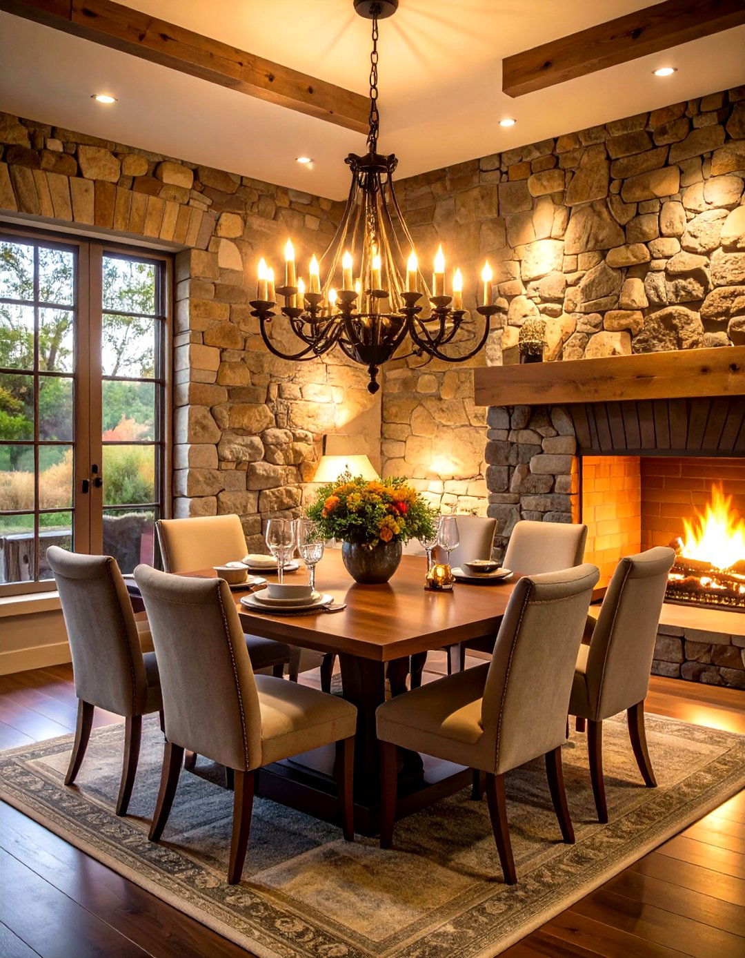 Natural Stone Accent Wall with Cozy Fireplace - 24 Modern Farmhouse Dining Room Ideas