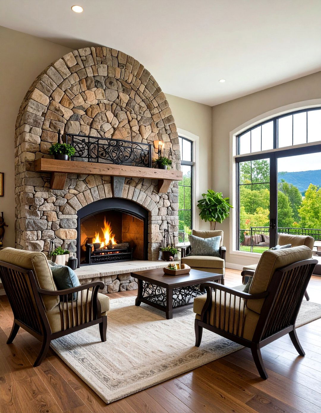 Natural Stone Archway with Iron Accents - 24 French Country Fireplace Ideas