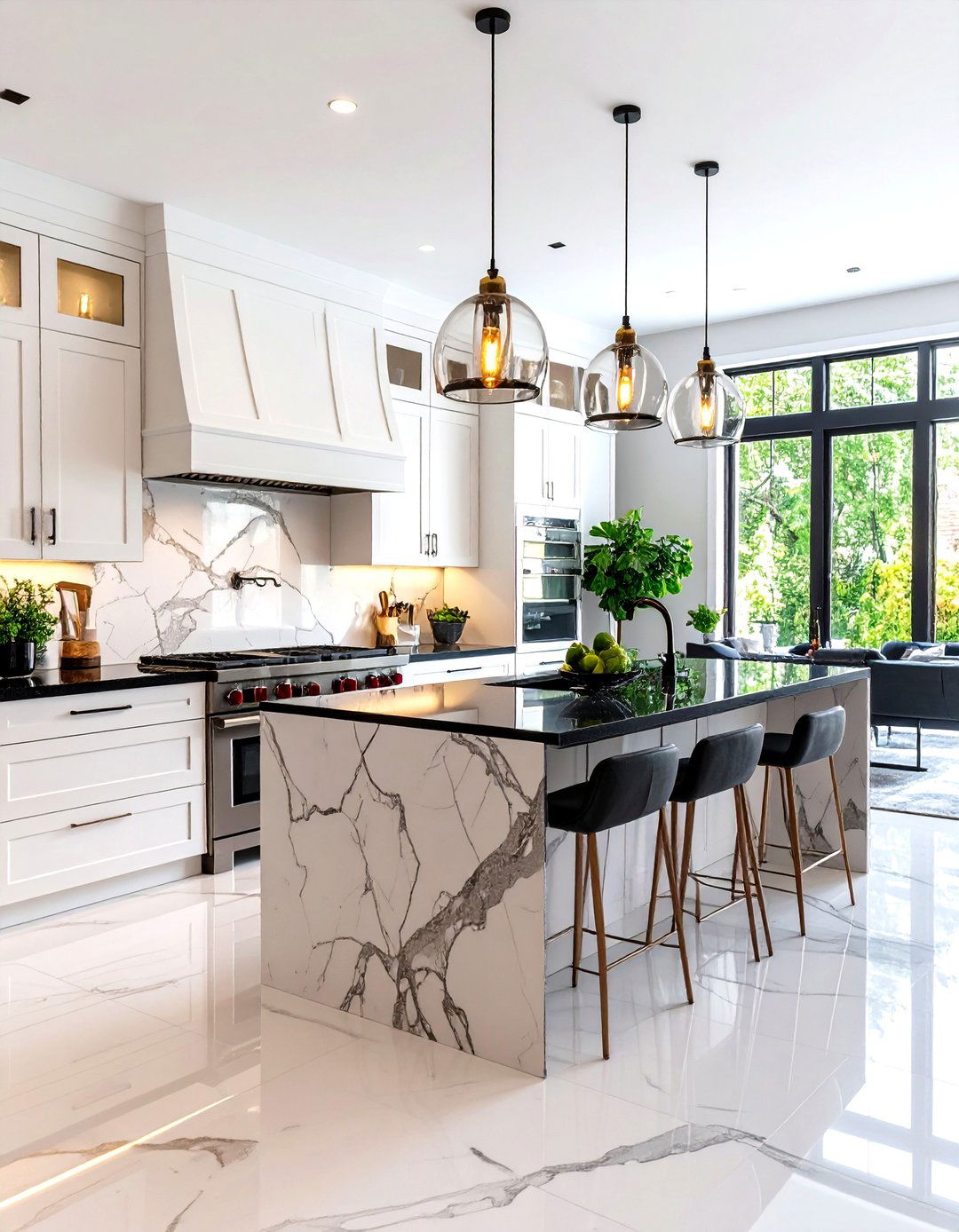 Natural Stone Backsplash Elegance - 24 Kitchen With White Cabinets and Black Countertops Ideas