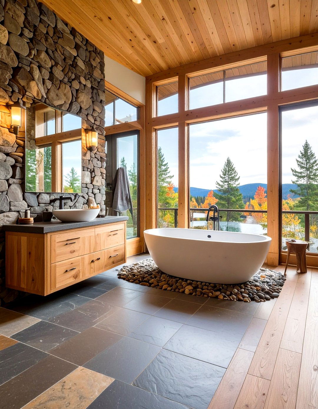 Natural Stone Bathroom Spa Design - 24 Lake House Decorating Ideas