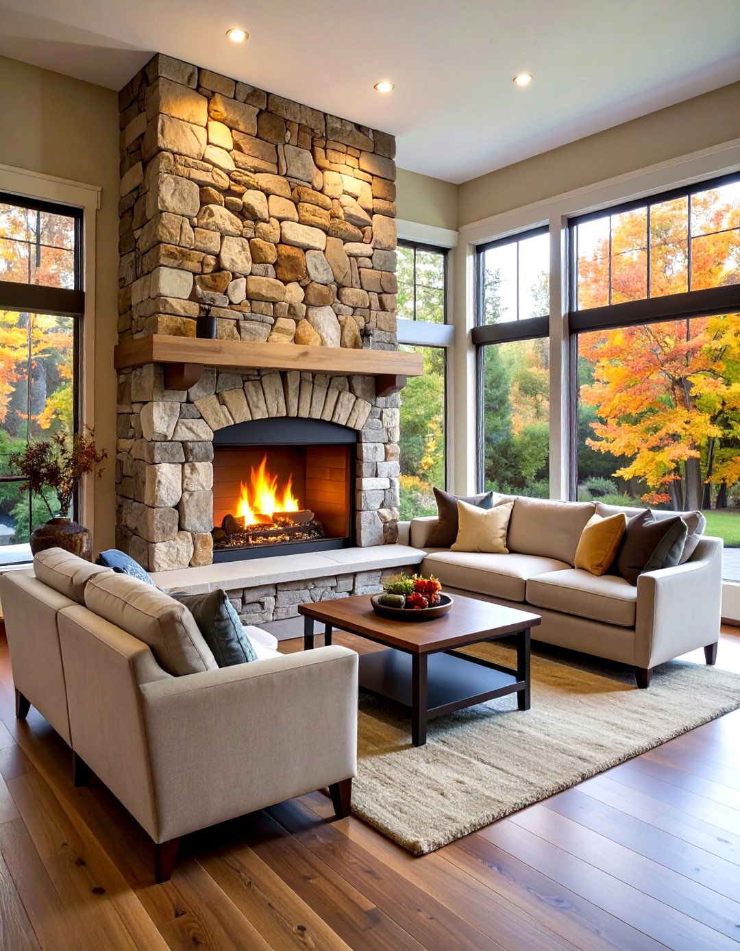 Natural Stone Bay Corner Installation - 24 3 Sided Fireplace Ideas