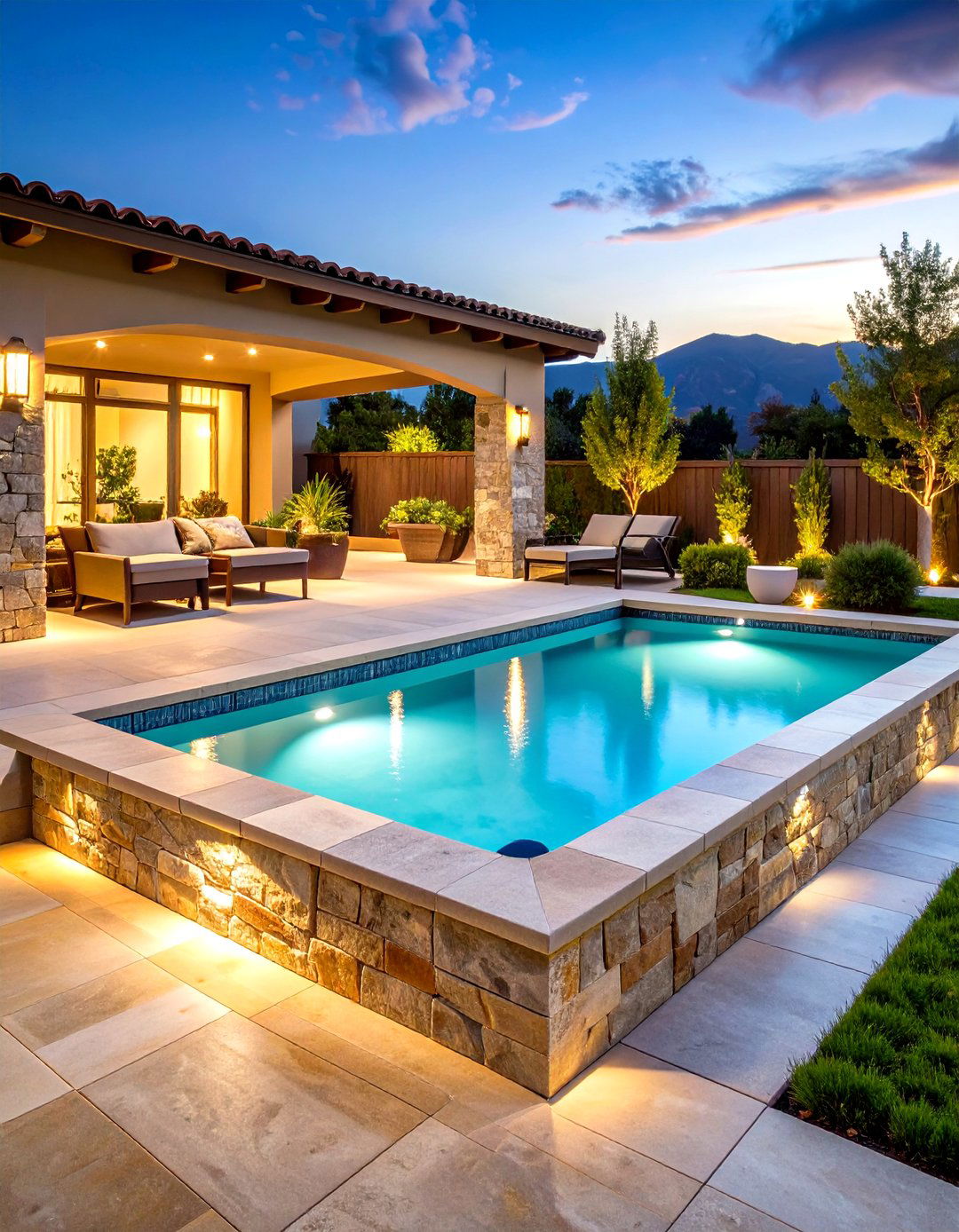 Natural Stone Border Design - 24 Rectangle Pool With Hot Tub