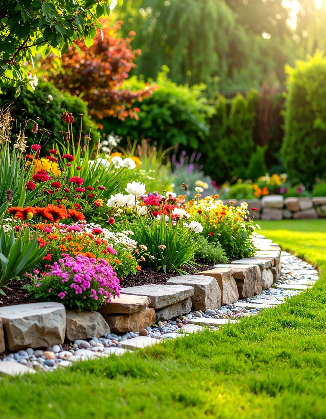 Natural Stone Bordered Flower Beds - 24 Flower Bed Ideas