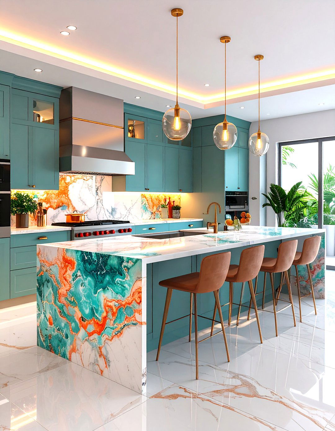Natural Stone Countertops with Tropical Veining - 24 Tropical Kitchen Ideas