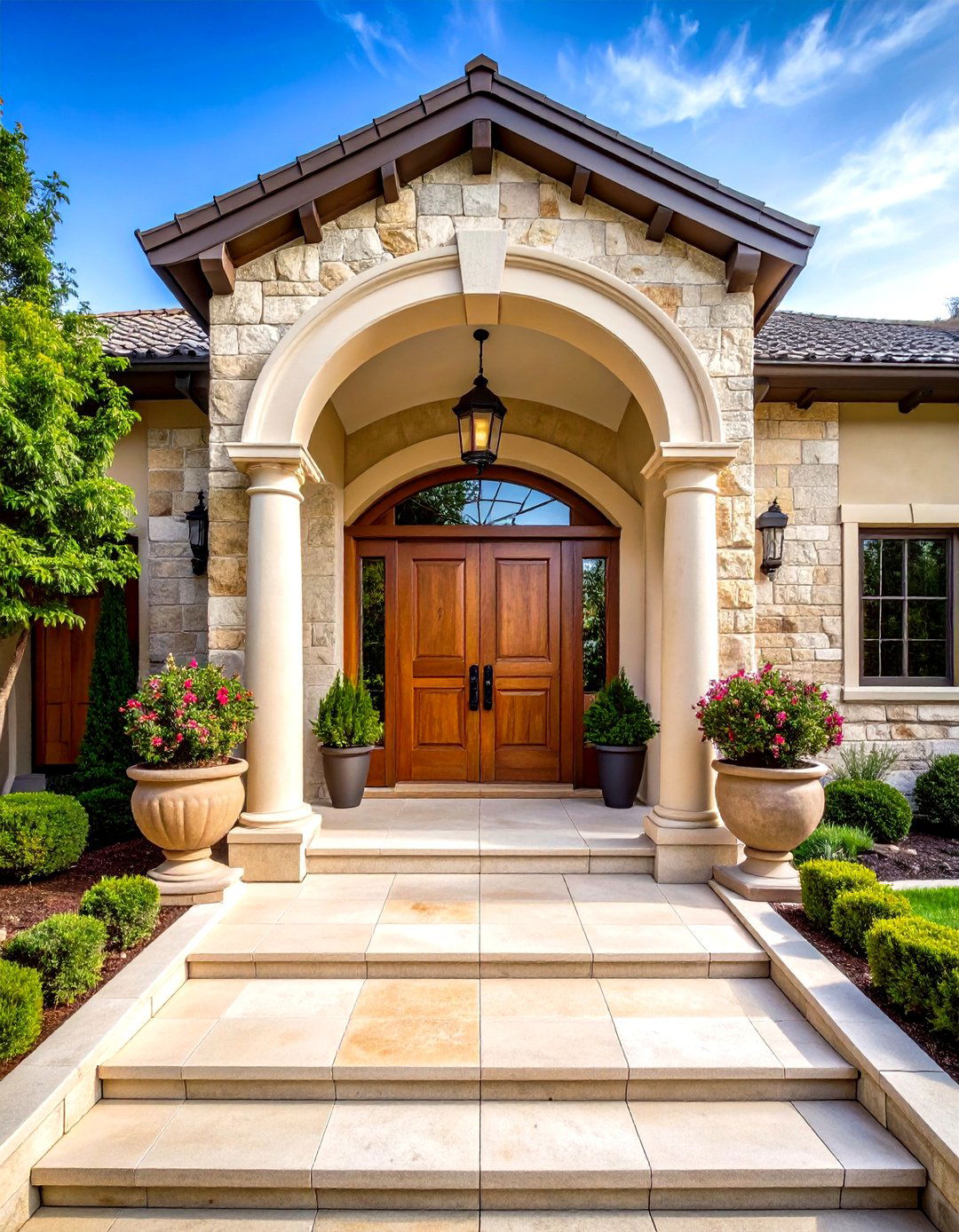 Natural Stone Entry with Grand Proportions - 24 Mediterranean House Exterior Ideas