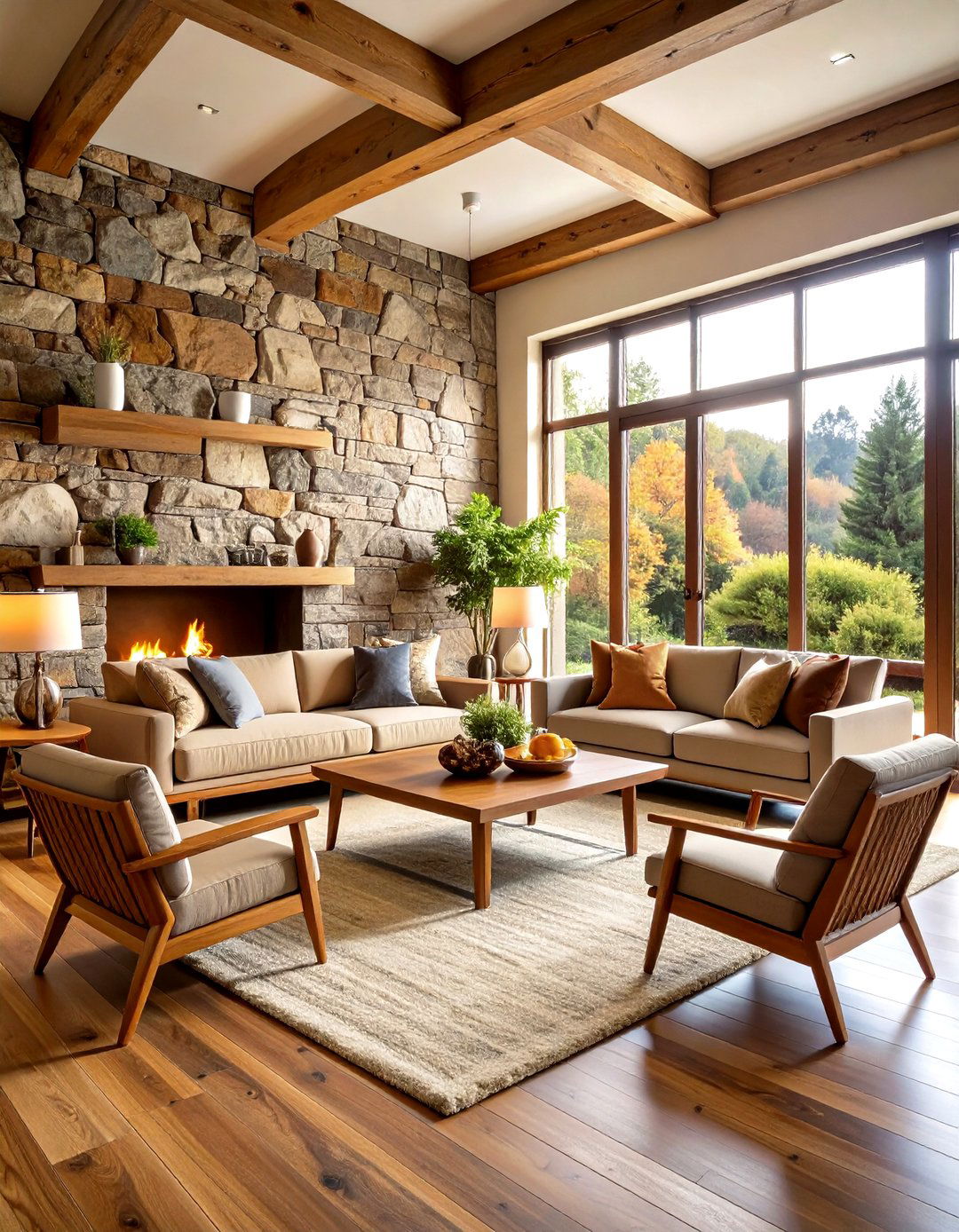 Natural Stone Feature Walls Living Room Design - 24 Earthy Living Room Decor Ideas