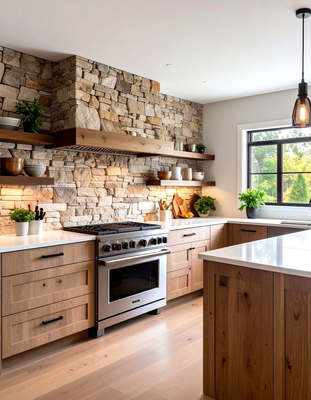 Natural Stone Feature Walls - 24 Transitional Kitchen Ideas