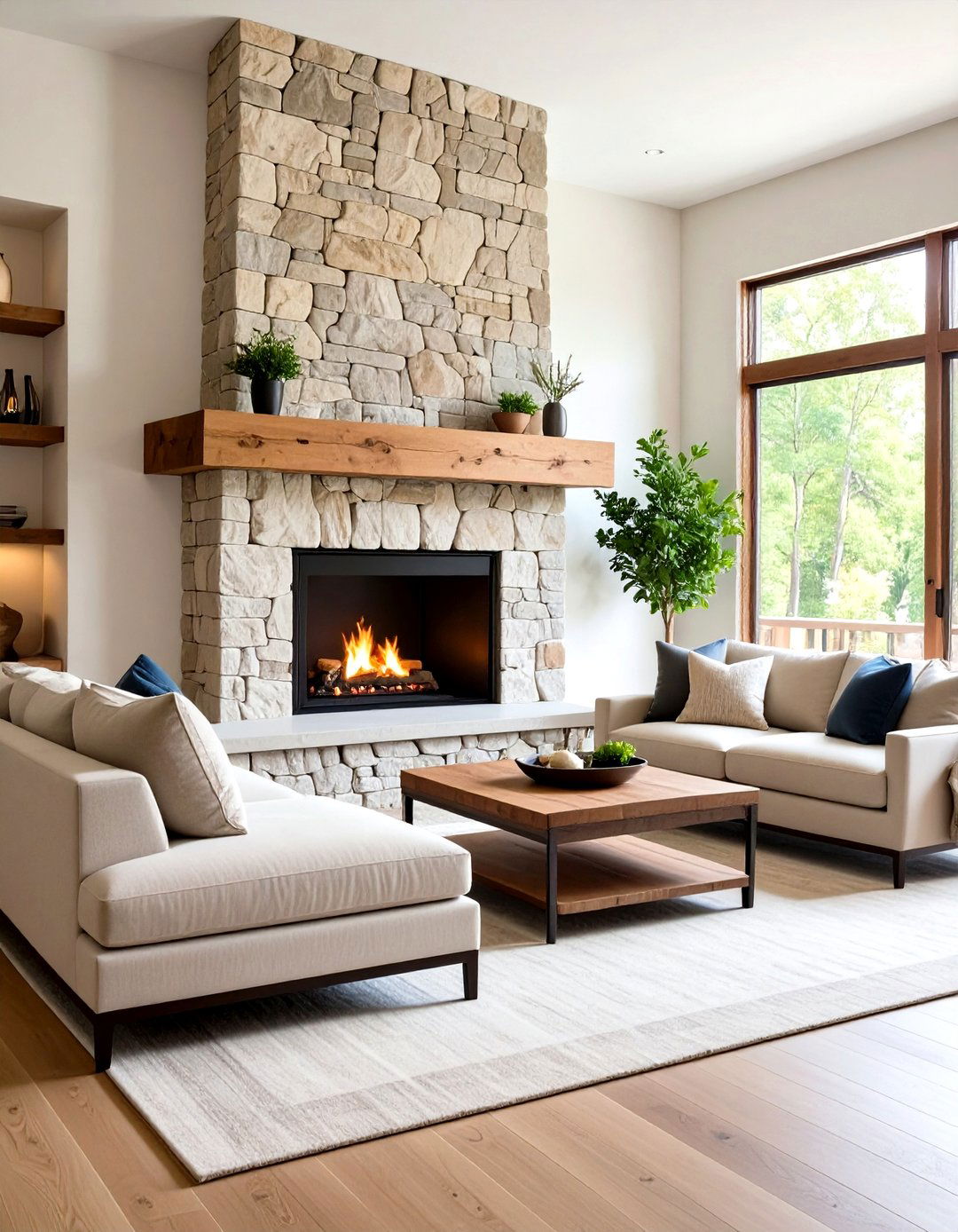 Natural Stone Fireplace Living Room - 24 Organic Modern Living Room Design Ideas