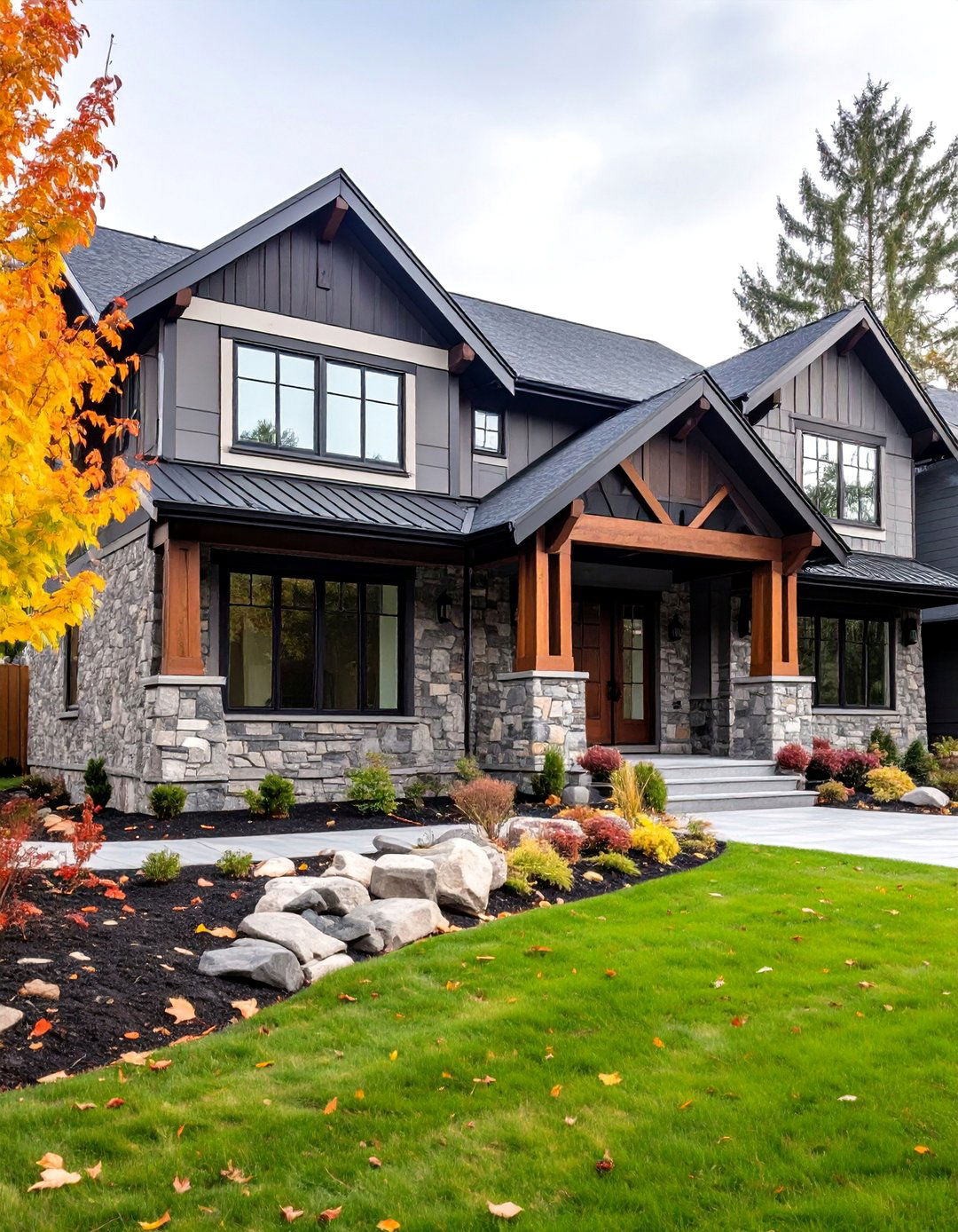 Natural Stone Foundation Accents - 24 Black Modern Farmhouse Exterior Design Ideas