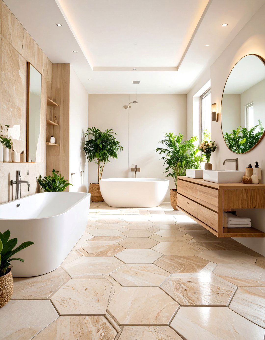 Natural Stone Hexagon Floor Combinations - 24 Hexagon Tiles Ideas for Bathrooms