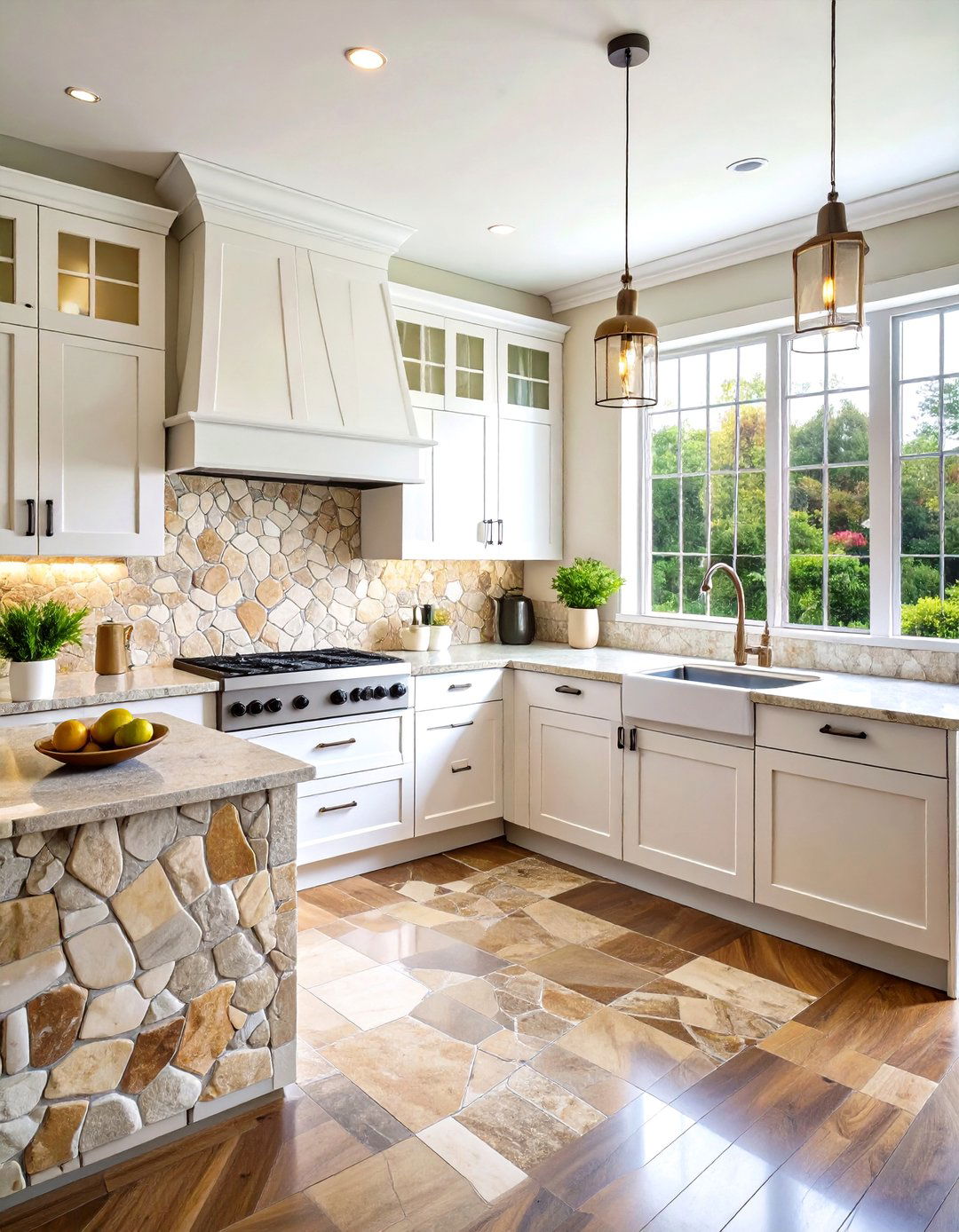 Natural Stone Mosaic Backsplash with Varied Textures - 24 Backsplash Ideas for White Cabinets and Granite Countertops