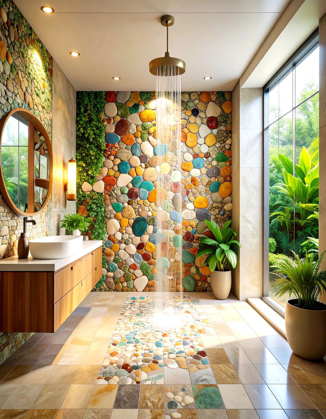 Natural Stone Mosaic Feature - 24 Rustic Walk-in Shower Ideas