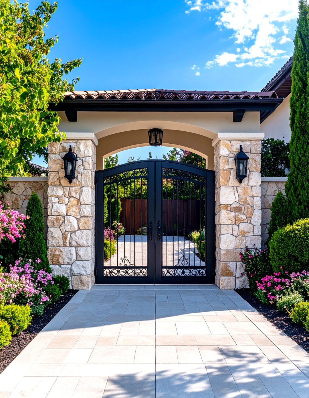 Natural Stone Pillar Gate with Metal Inserts - 24 Front Door Gate Ideas