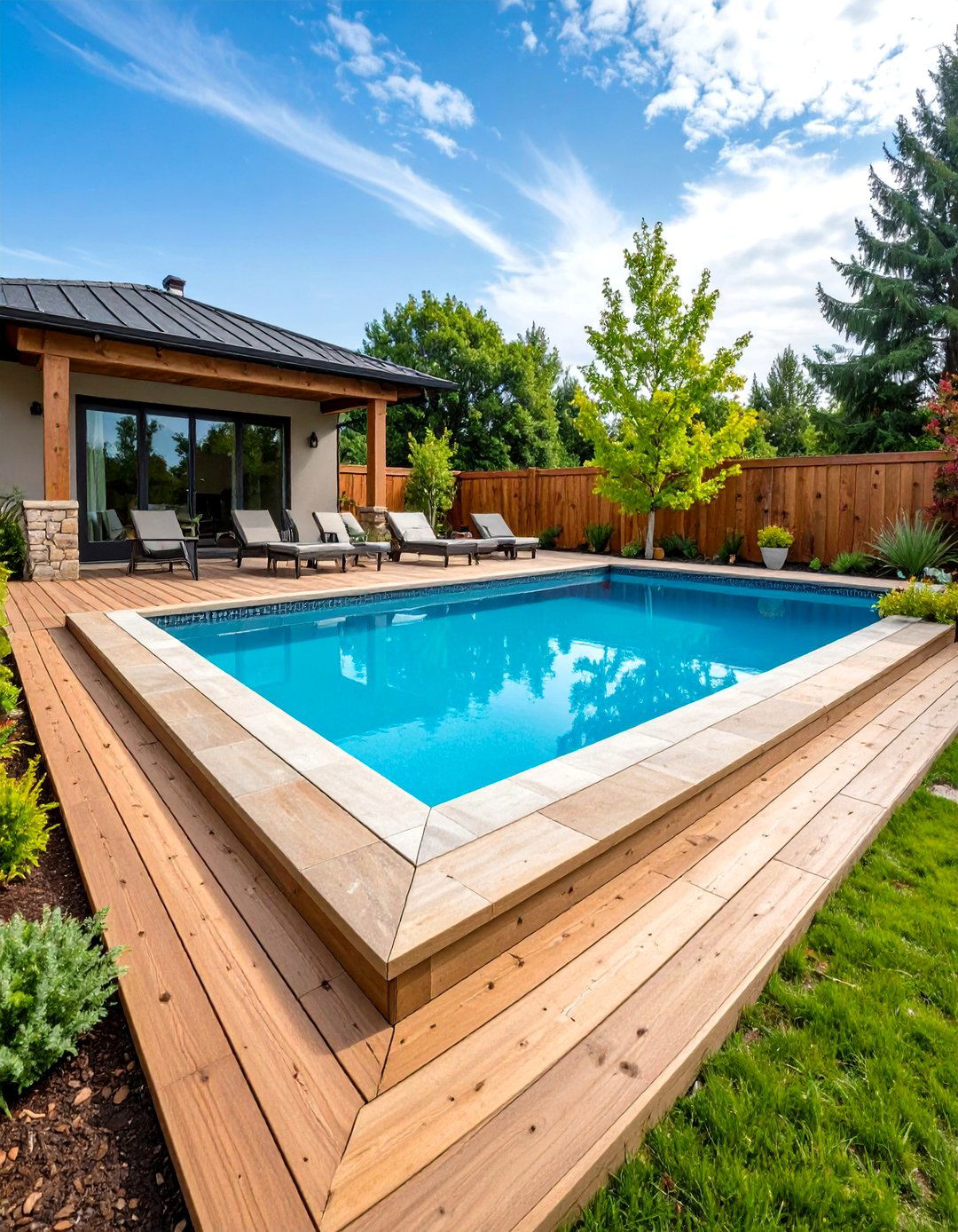 Natural Stone Pool Deck with Integrated Landscaping - 24 Pool Deck Ideas