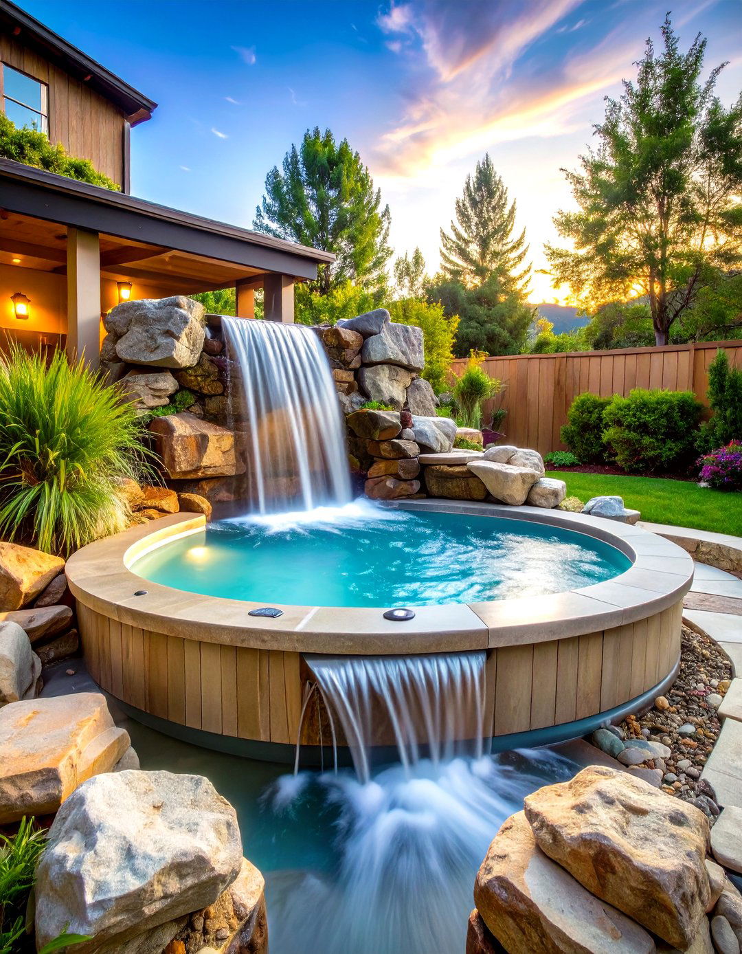 Natural Stone Sunken Hot Tub with Waterfall - 24 Sunken Hot Tub Ideas