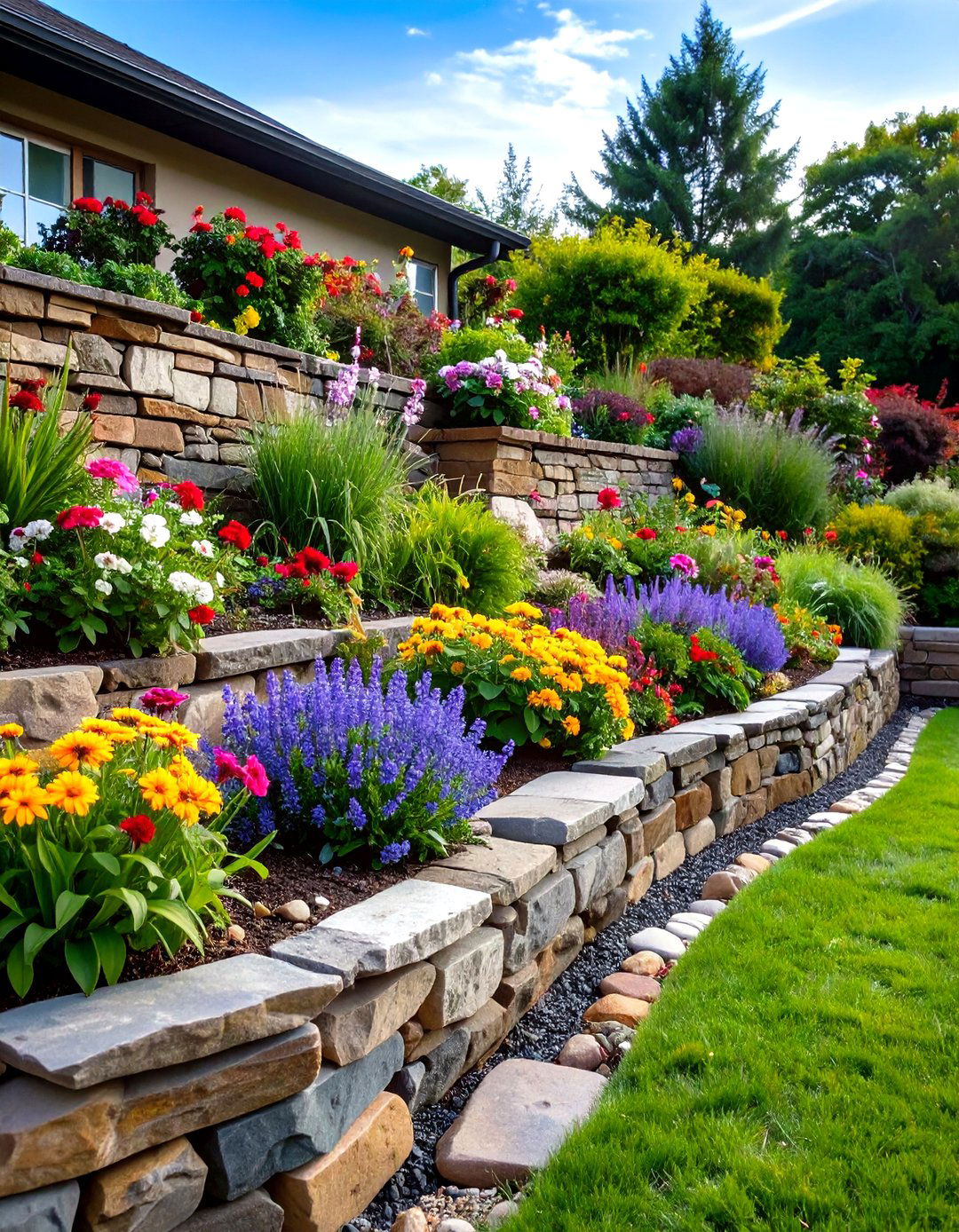 Natural Stone Terraced Retaining Wall - 24 Retaining Wall Ideas for Sloped Backyard