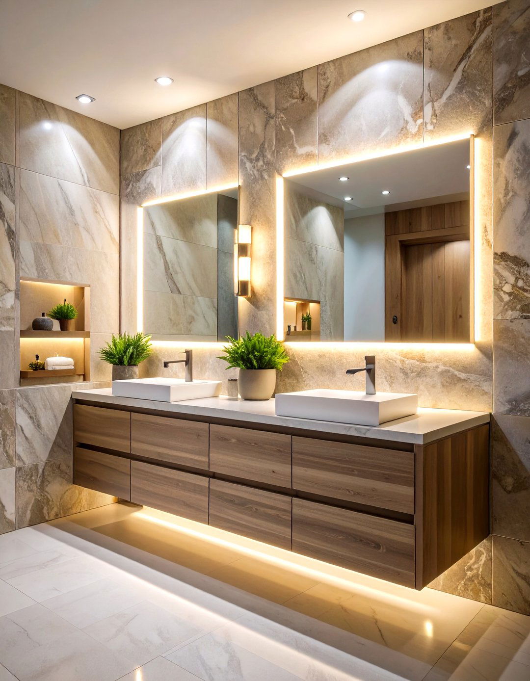 Natural Stone Wall Niche with LED Accent Lighting - 24 Bathroom Wall Storage Ideas