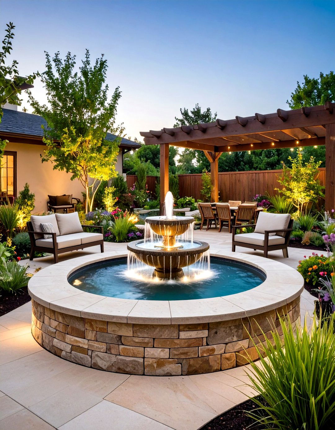 Natural Stone Water Feature Patio - 24 Rustic Patio Ideas