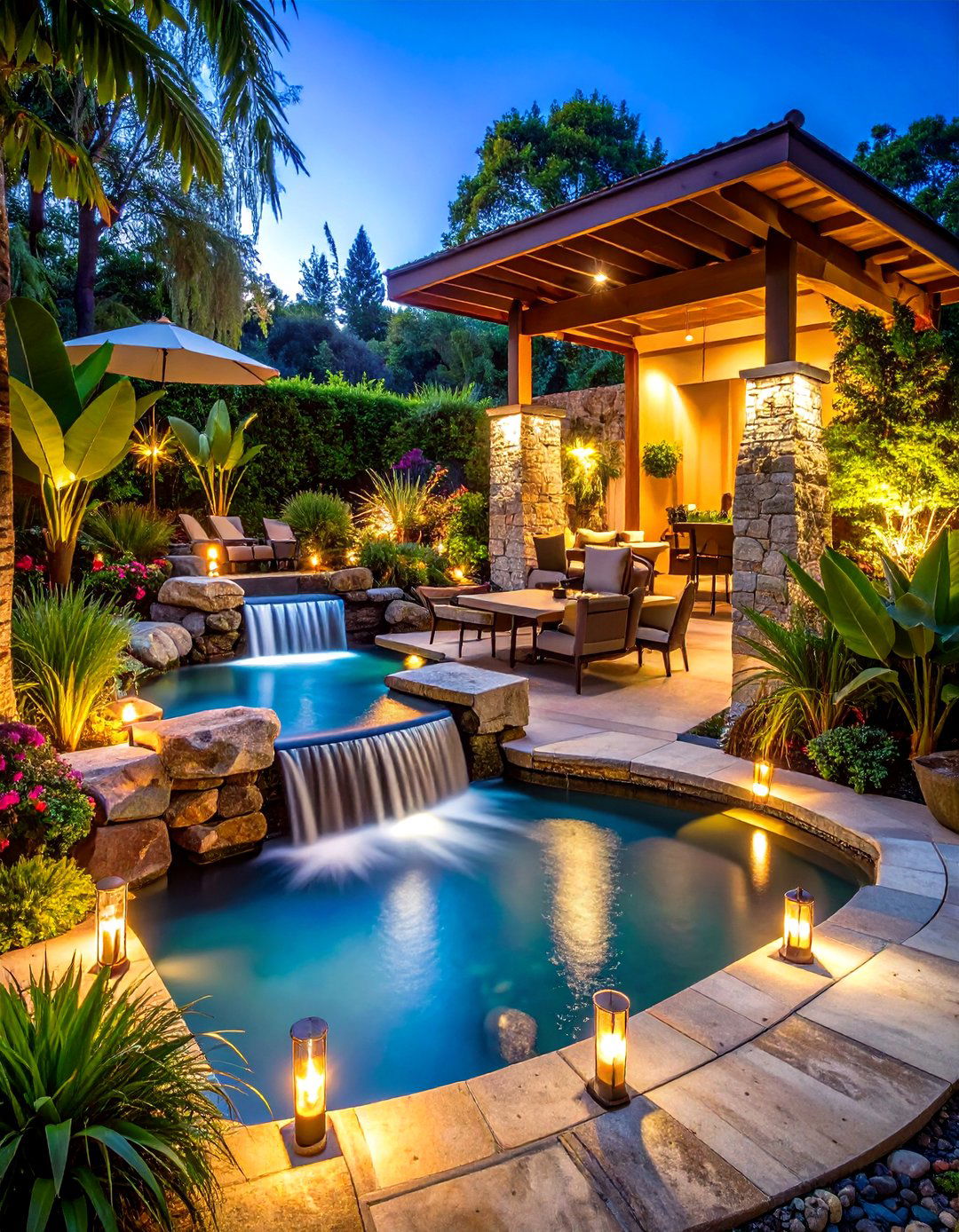 Natural Stone Waterfall Garden - 24 Tropical Landscape Ideas