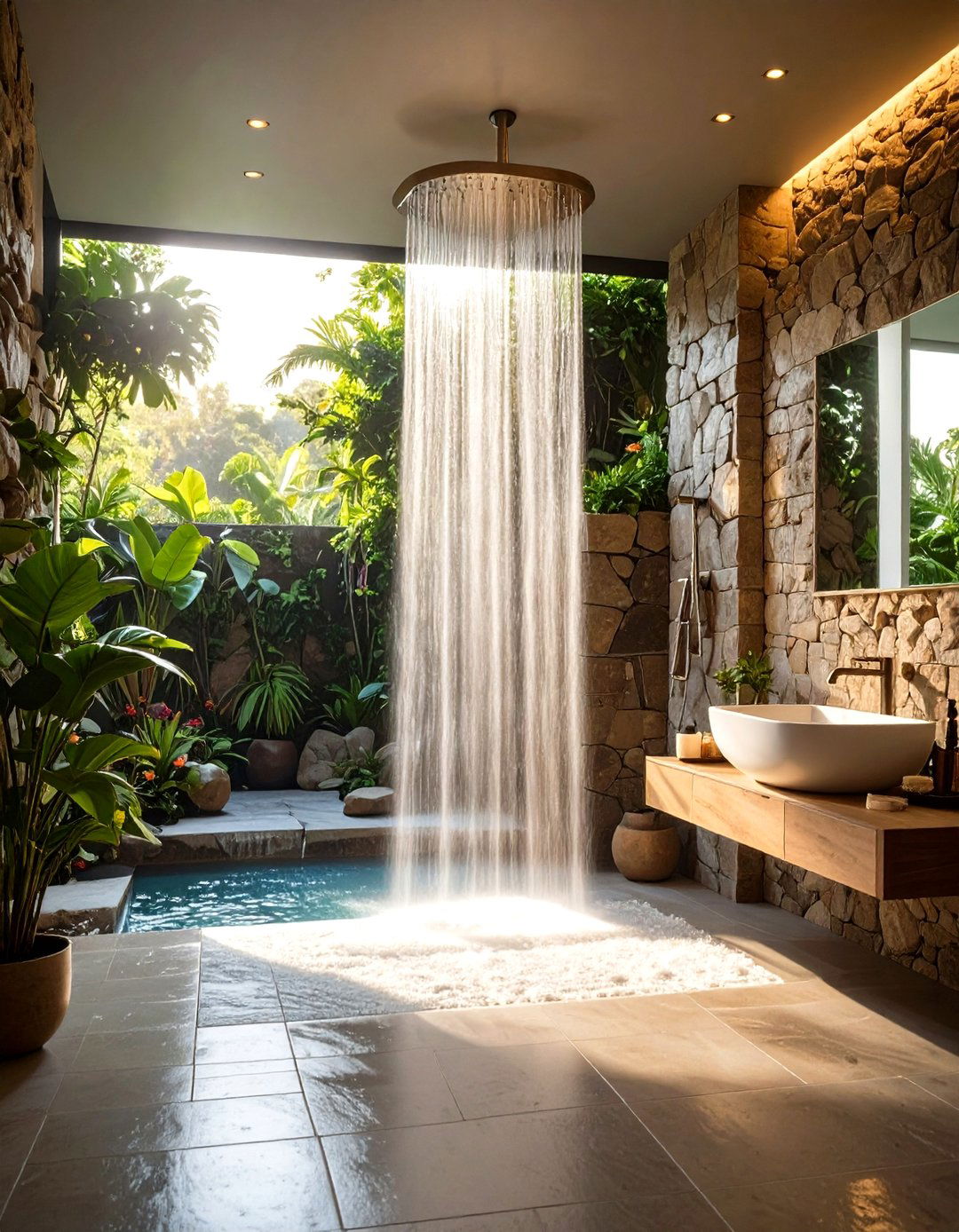 Natural Stone Waterfall Shower Feature - 24 Zen Bathroom Ideas