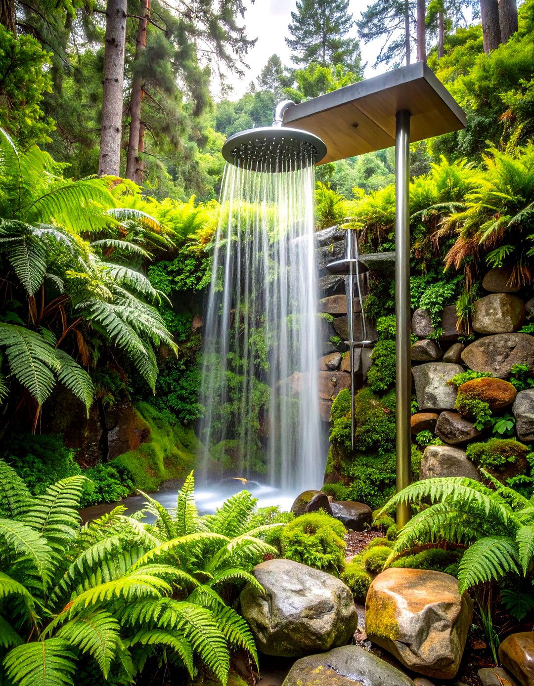 Natural Stone Waterfall Shower - 24 Rustic Outdoor Bathroom Ideas