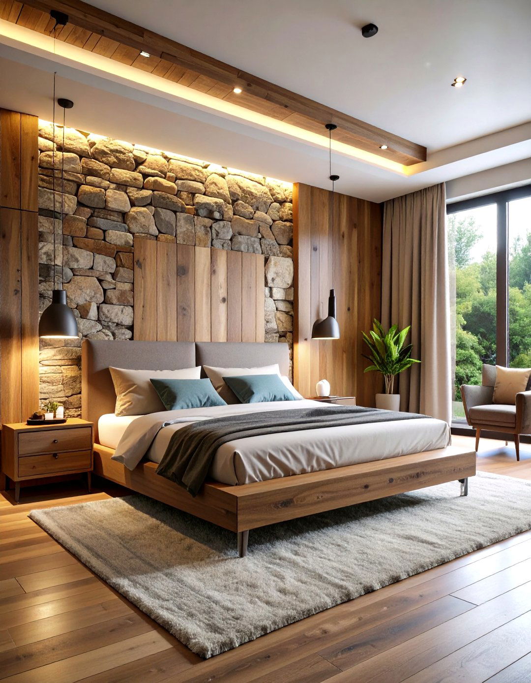 Natural Stone and Wood Accent Wall - 24 Forest Themed Bedroom Ideas