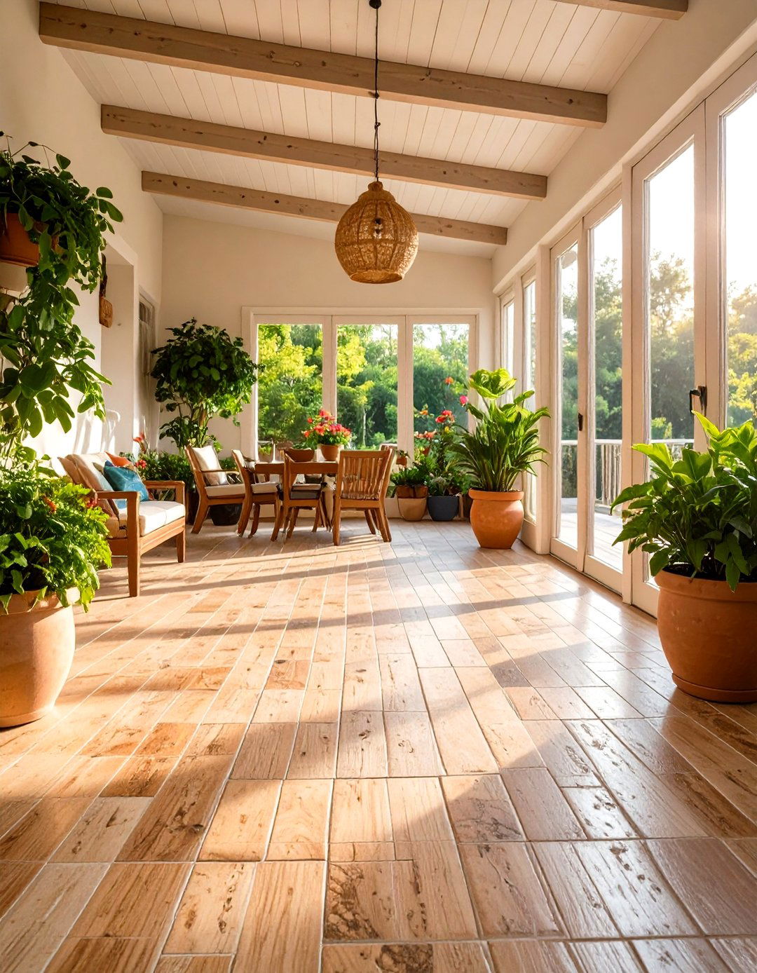 Natural Travertine Stone Sunroom Flooring - 24 Sunroom Tile Floor Ideas