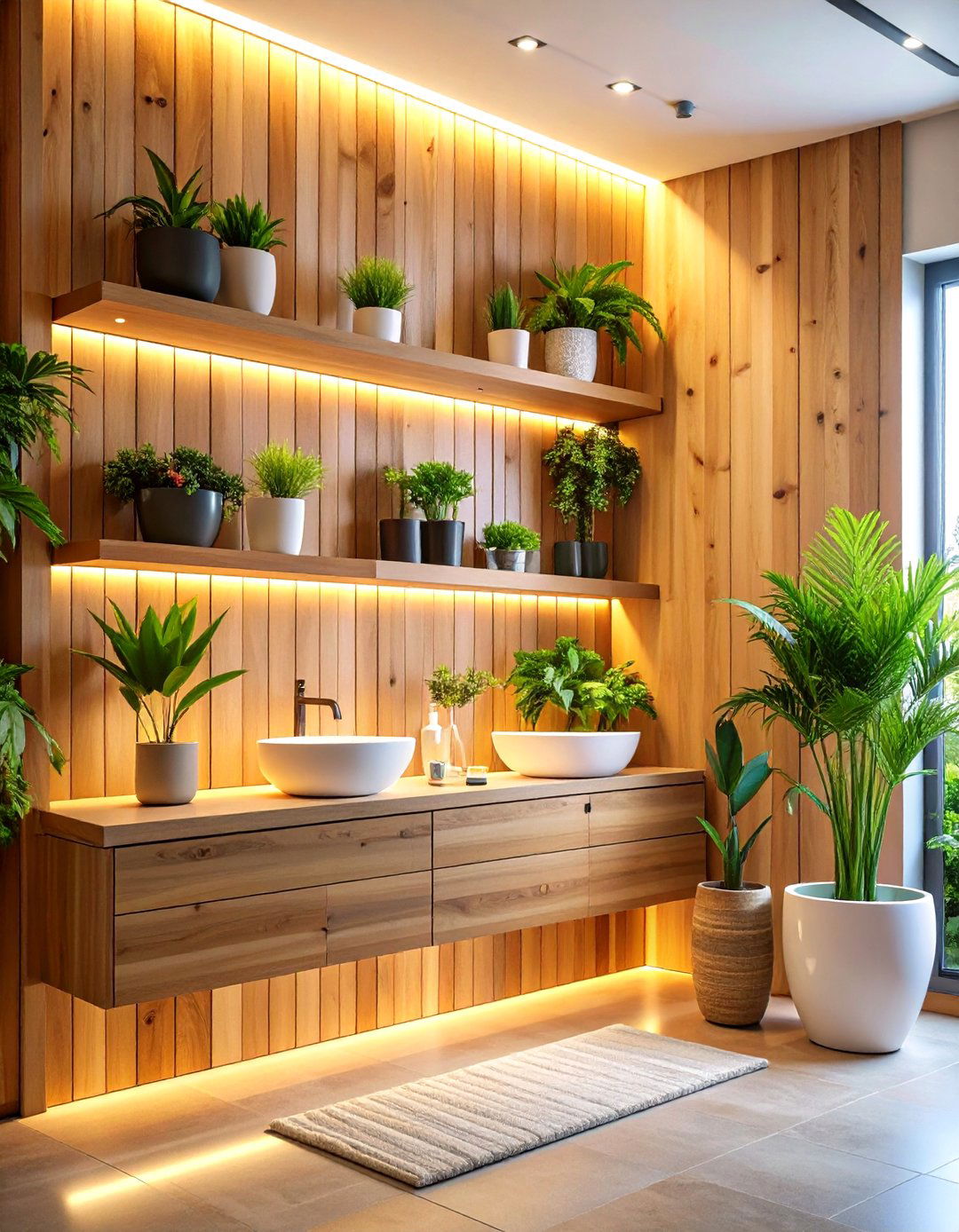 Natural Wood Accent Wall with Plants - 24 Scandinavian Bathroom Ideas