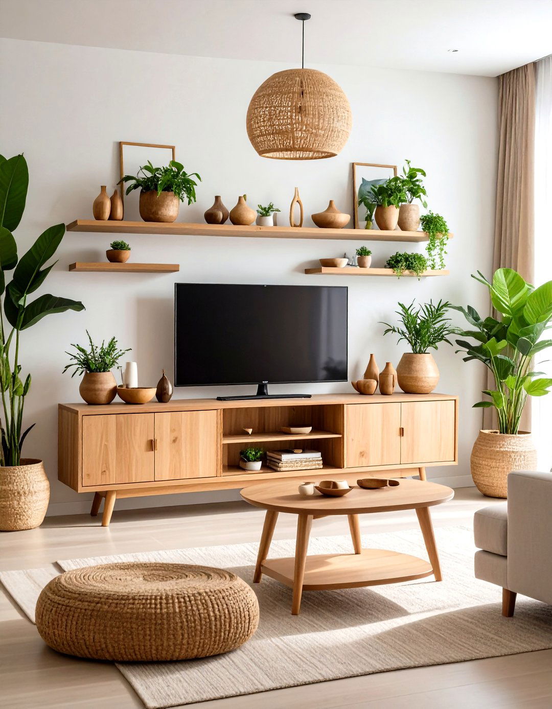 Natural Wood Console with Greenery - 24 Tv Console Decor Ideas