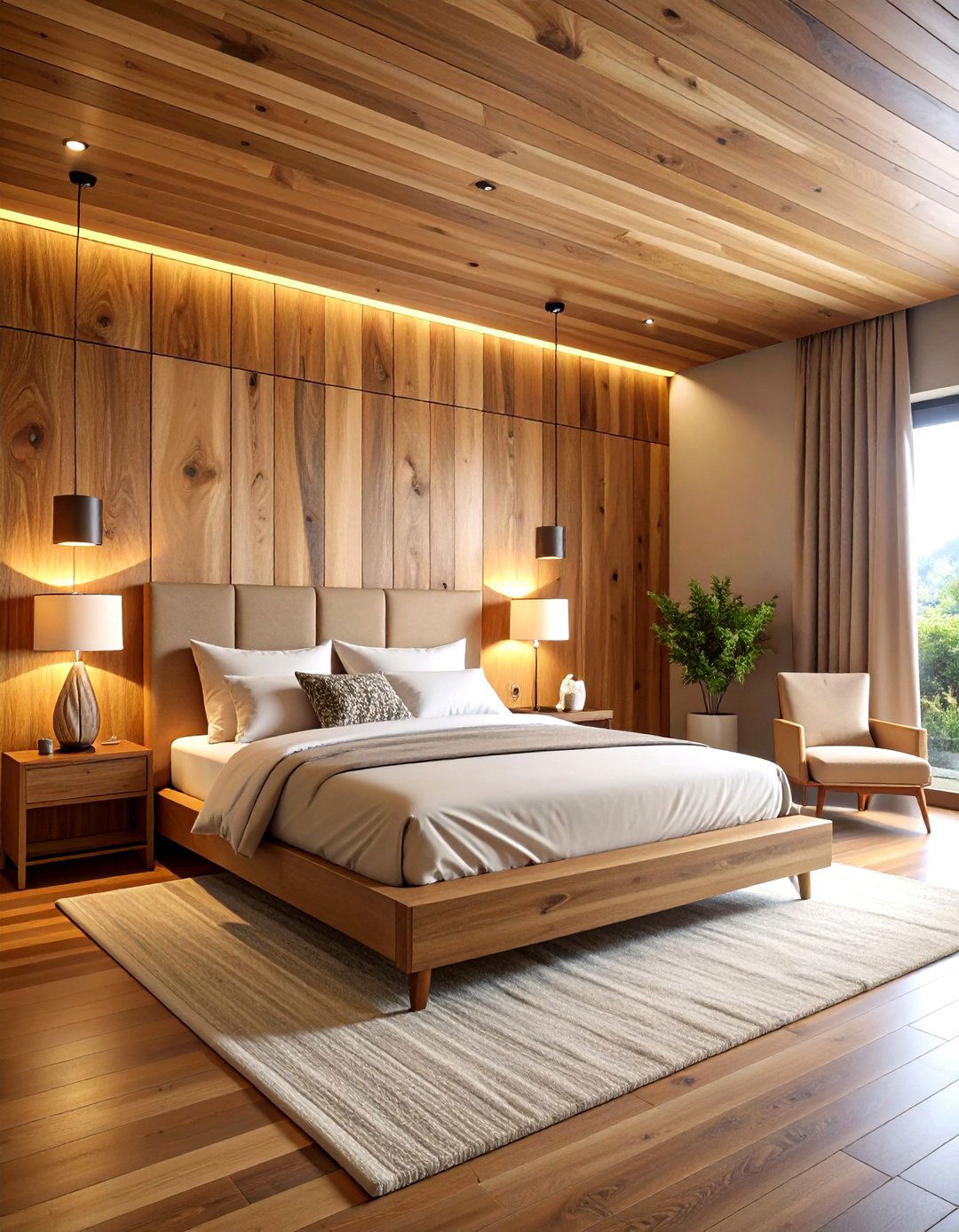 Natural Wood Headboard Statement Wall - 24 Forest Themed Bedroom Ideas