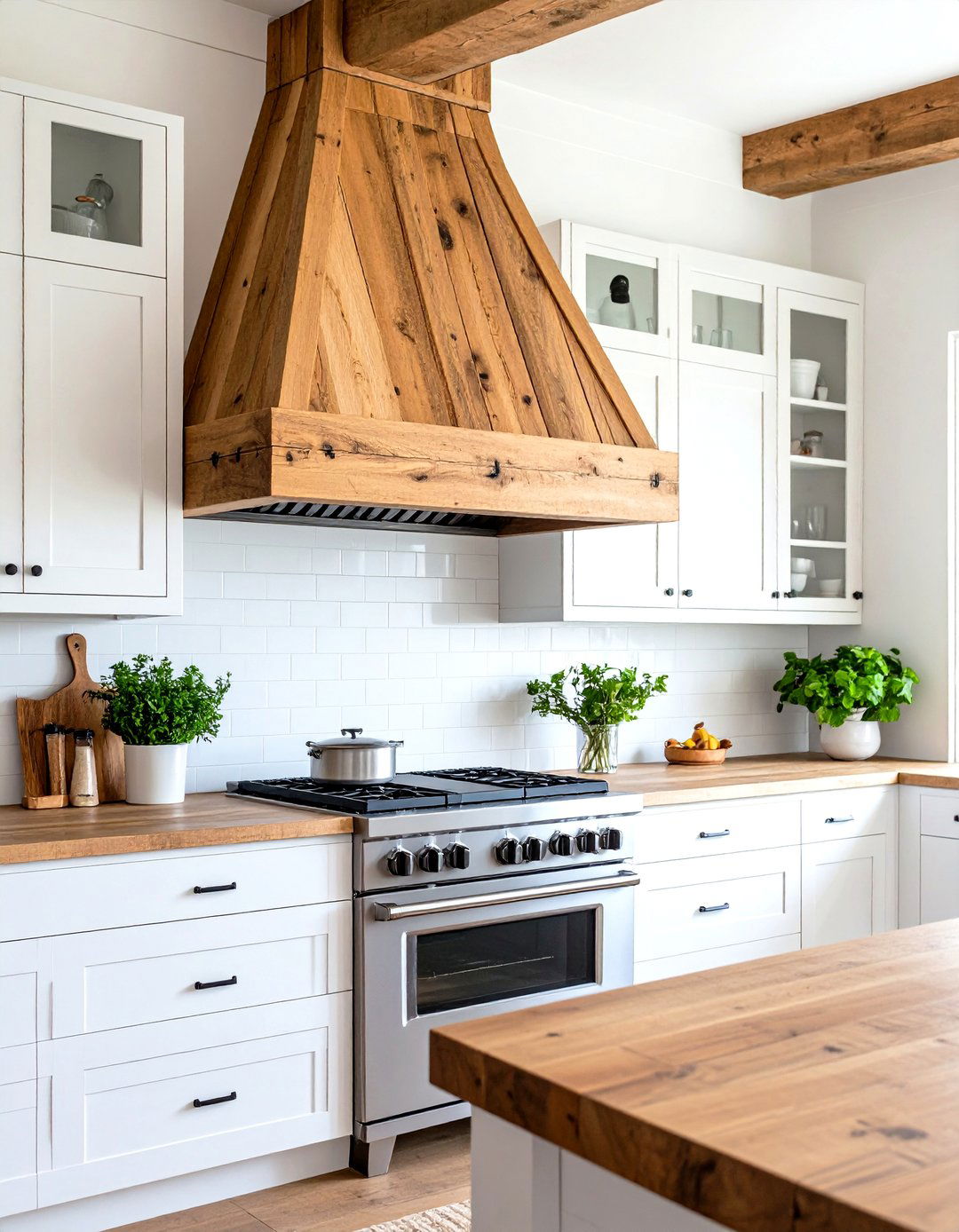 Natural Wood Range Hood - 24 Rustic White Kitchen Ideas
