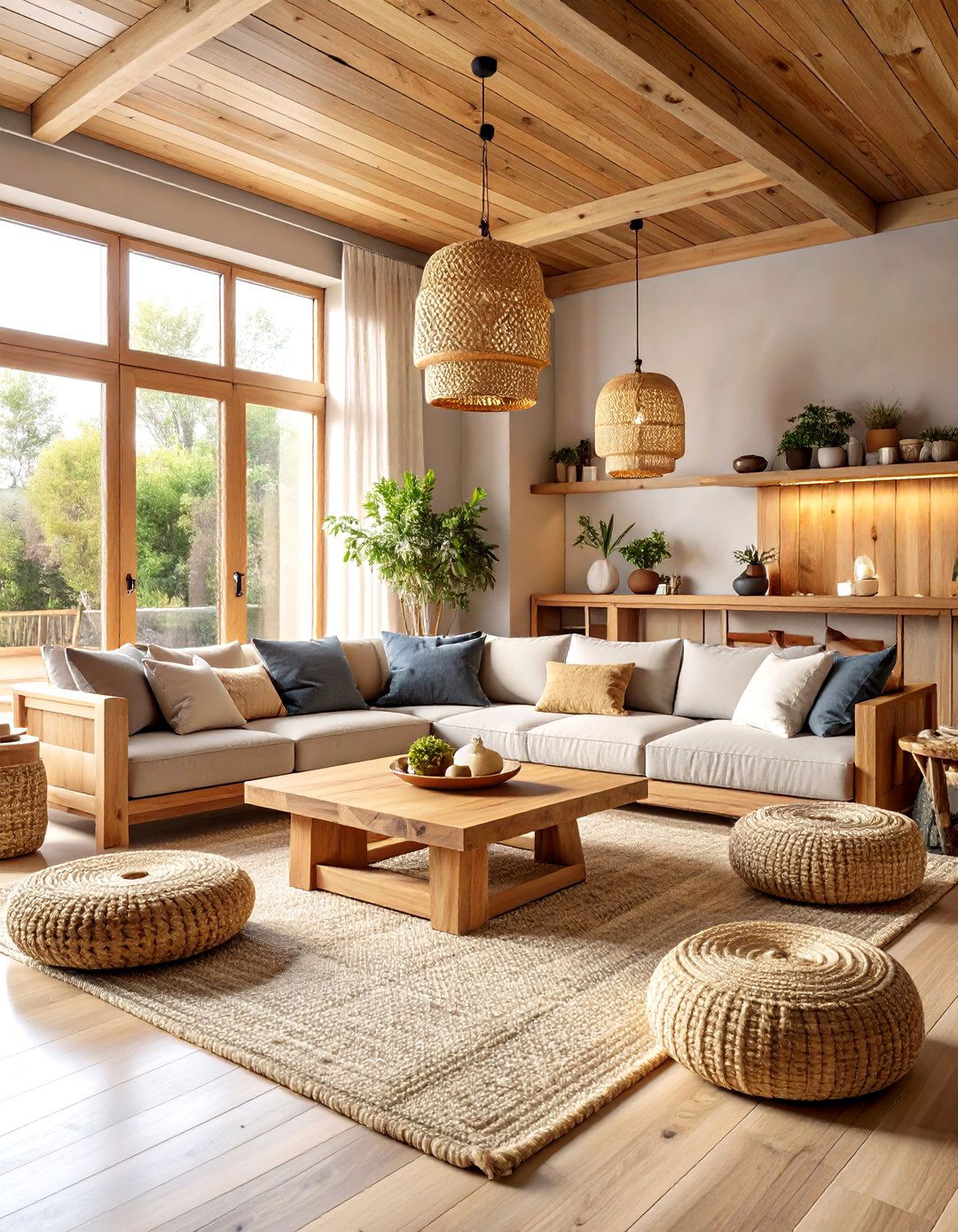 Natural Wood Sanctuary Retreat - 24 Colorful Boho Living Room Ideas