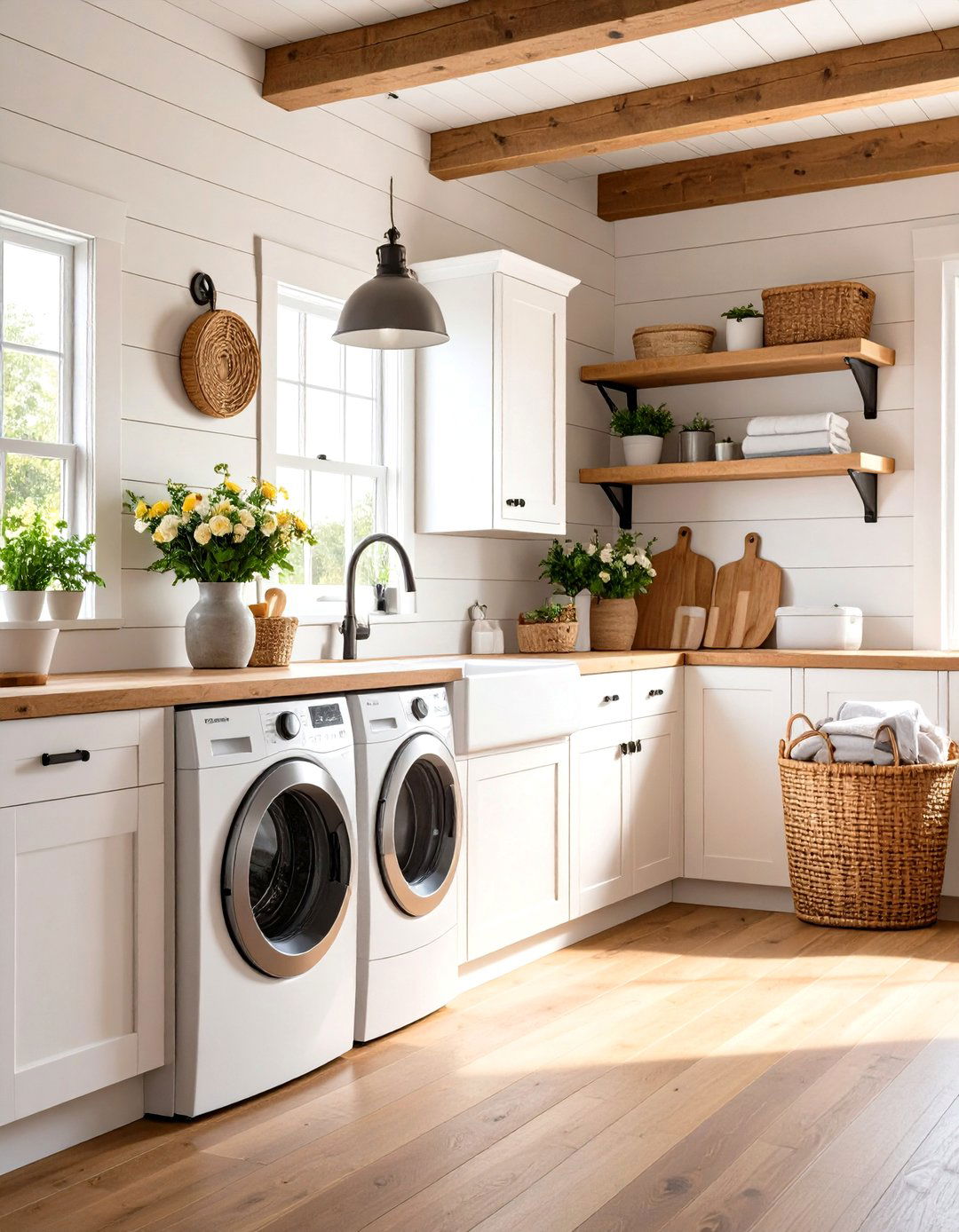 Natural Wood Shiplap with Rustic Elements - 24 Shiplap Laundry Room Ideas