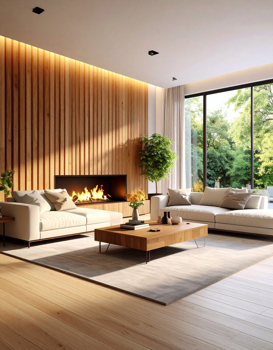 Natural Wood Slat Wall Feature - 24 Off-center Fireplace Ideas