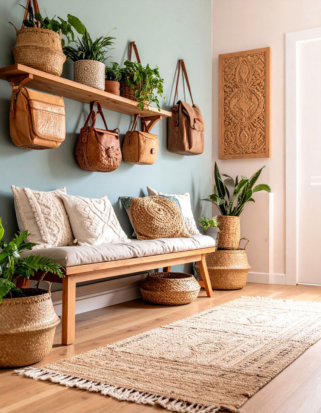 Natural Wood and Jute Haven - 24 Boho Hallway Ideas