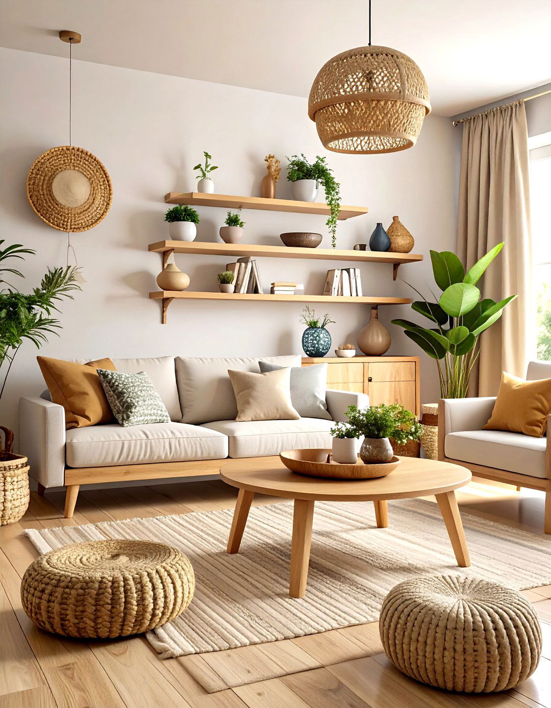 Natural Wood and Neutral Textile Living Room - 24 Neutral Boho Living Room Ideas