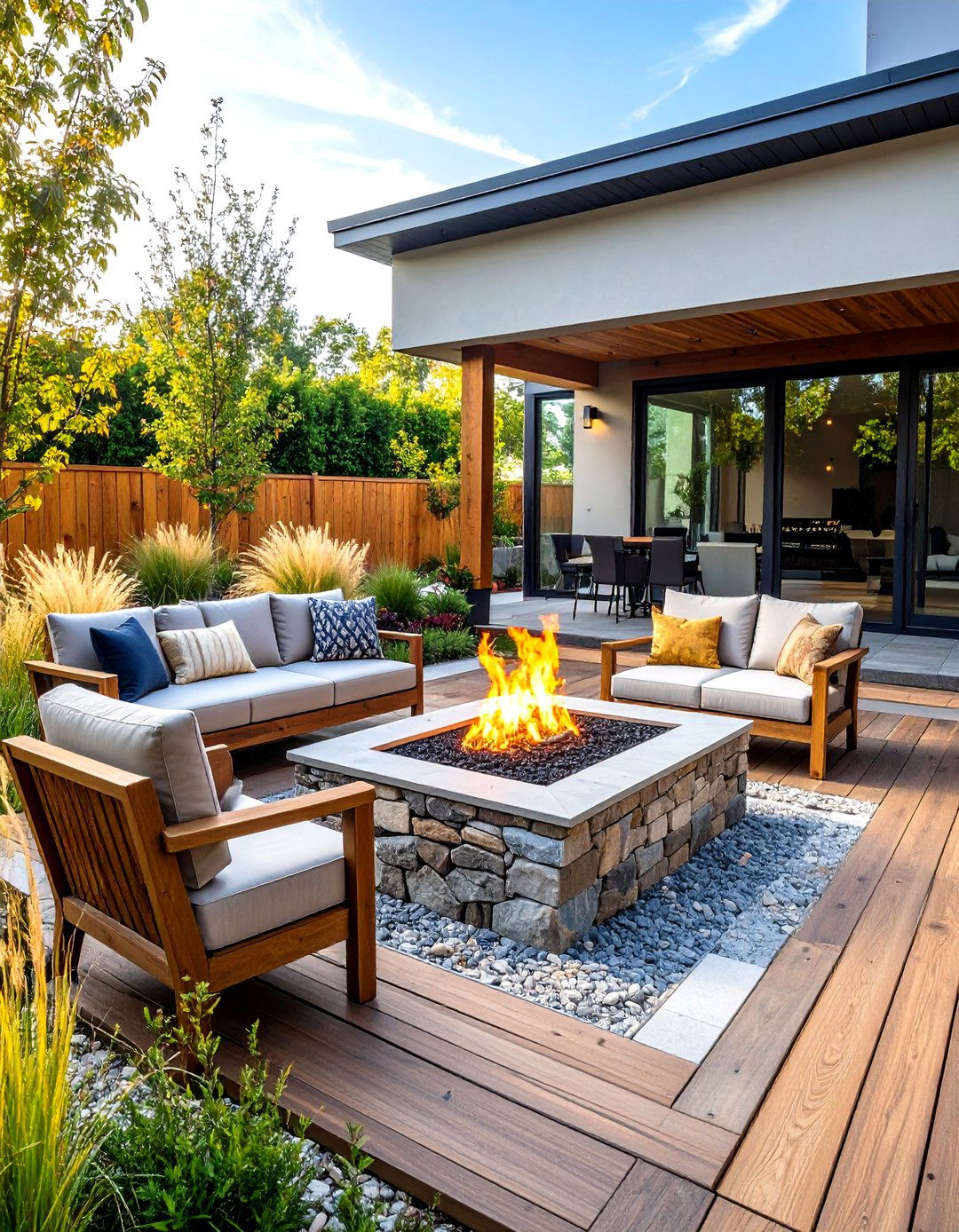 Natural Wood and Stone Combination Design - 24 Patio Ideas With Firepit