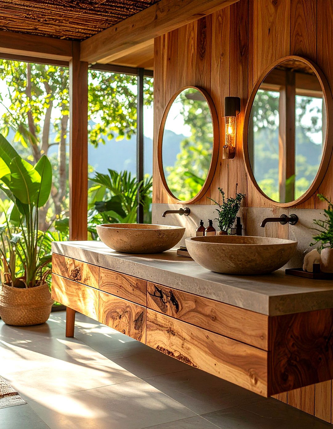 Natural Wood and Stone Sanctuary - 24 Restaurant Bathroom Ideas