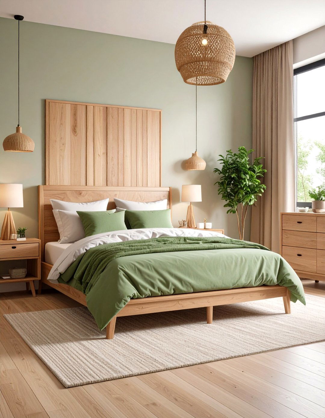 Natural Wood with Green and Beige - 24 Green and Beige Bedroom Ideas