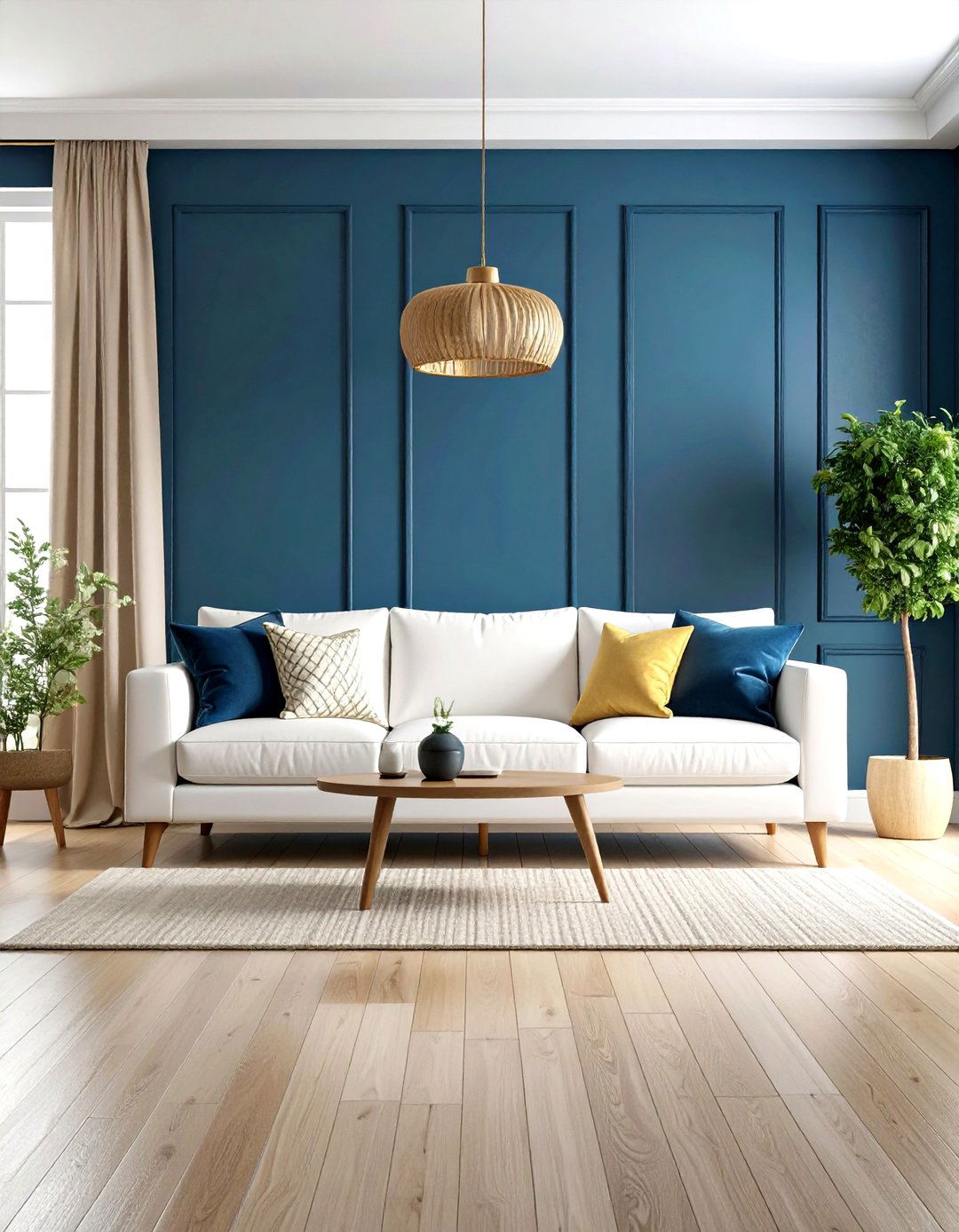 Navy Accent Wall with White Trim - 24 Navy Blue Living Room Ideas