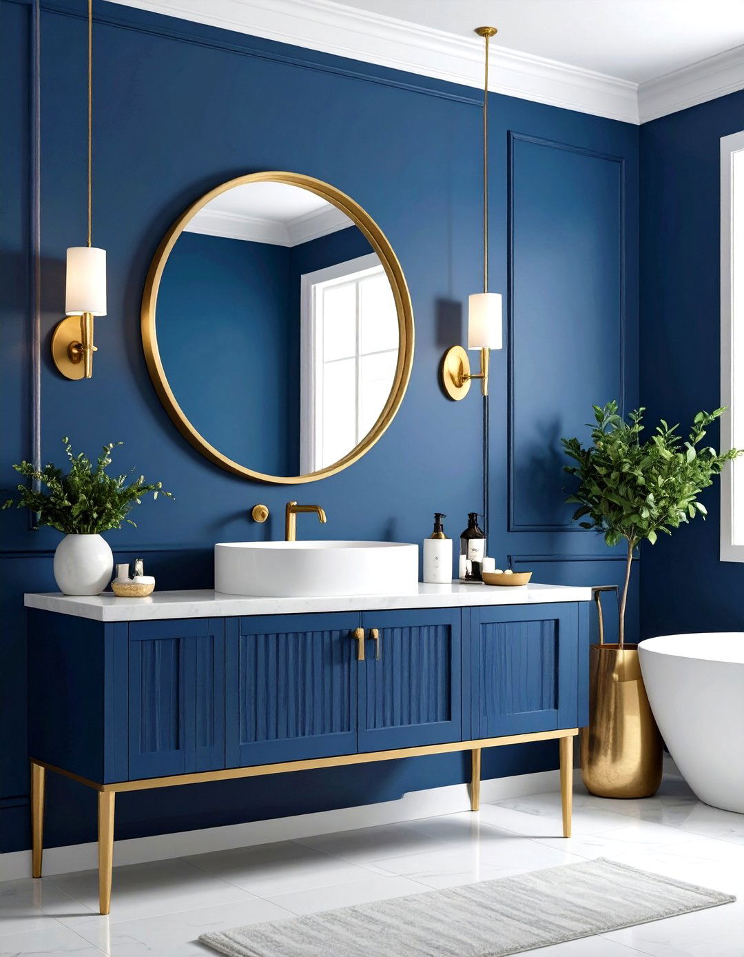 Navy Blue Accent Wall with Gold Fixtures - 24 Navy Blue Bathroom Ideas