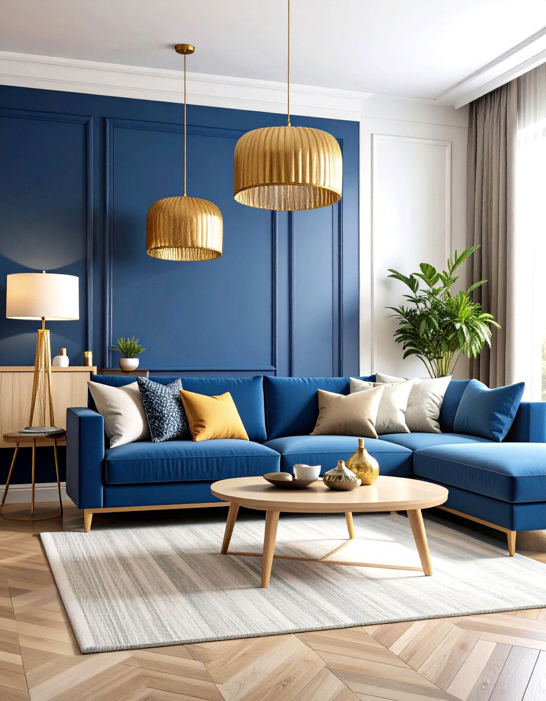 Navy Blue Accent Wall with Grey Sectional - 24 Blue and Grey Living Room Ideas