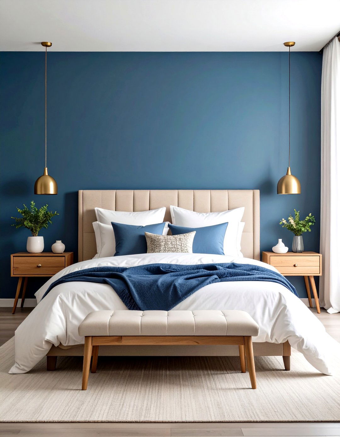 Navy Blue Accent Wall with White Bedding - 24 Dark Blue Bedroom Ideas