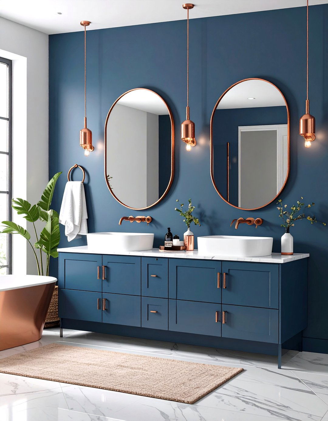 Navy Blue Bathroom with Copper Accents - 24 Navy Blue Bathroom Ideas