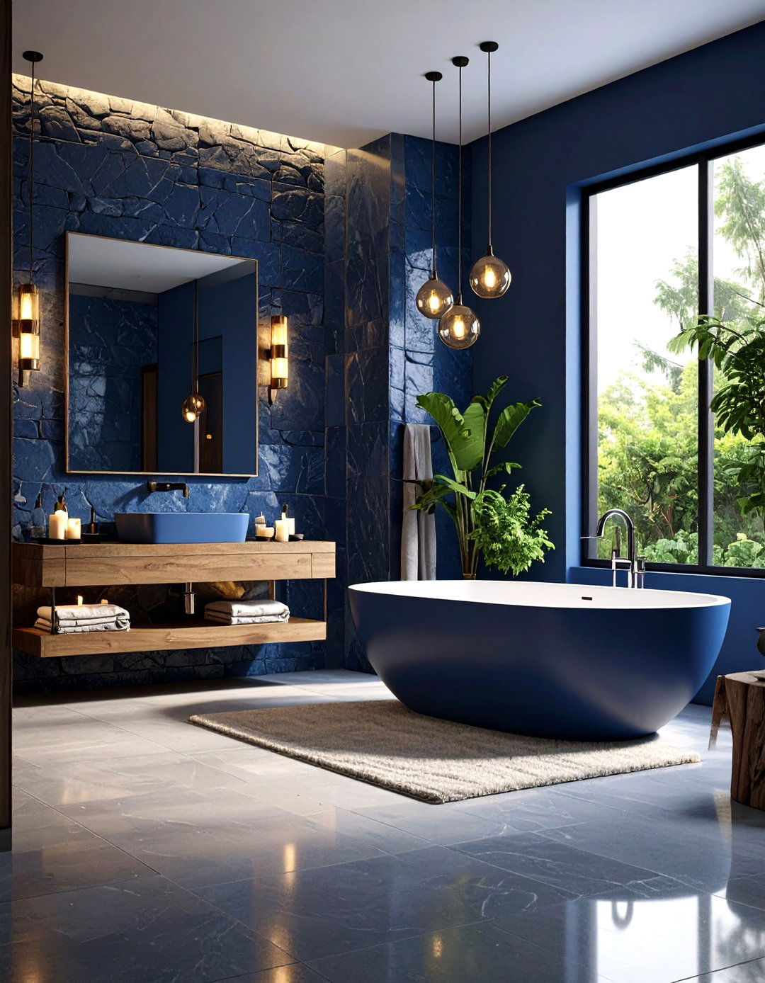 Navy Blue Bathroom with Natural Stone